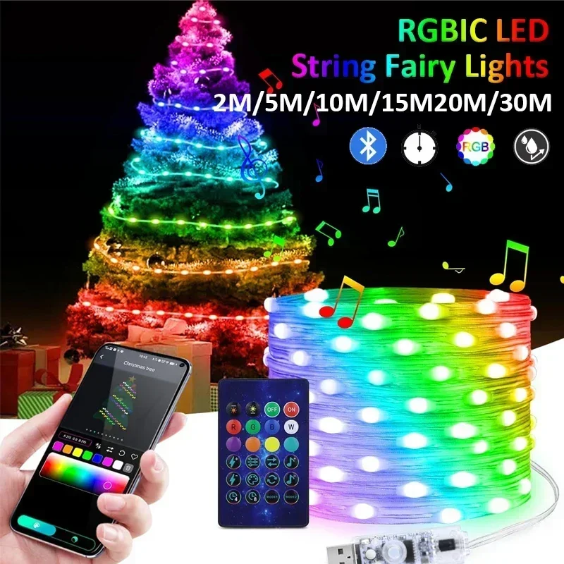 1-2 Pcs Smart LED String Bluetooth APP Control RGBIC Fairy Lights Waterproof USB Music Dream Color Light Party Room Decoration