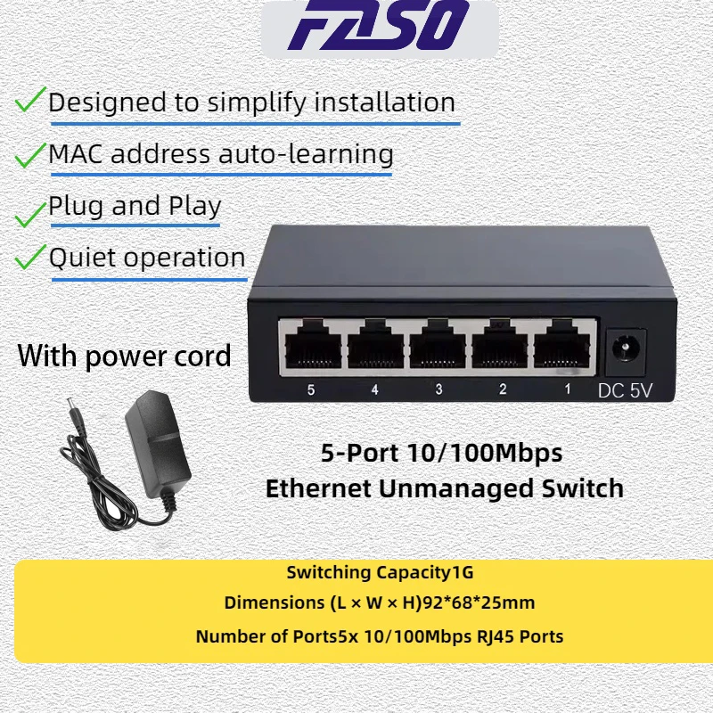 

5 port 10/100Mbps Network Ethernet Switch Iron shell Supports full duplex/half duplex RJ45 MDI/MDIX Suitable for office home