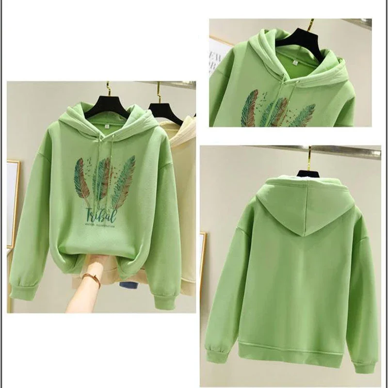 Women Fashion Feather Printed Hoodies Autumn Winter Plus Velvet Casual Loose Sweatshirt