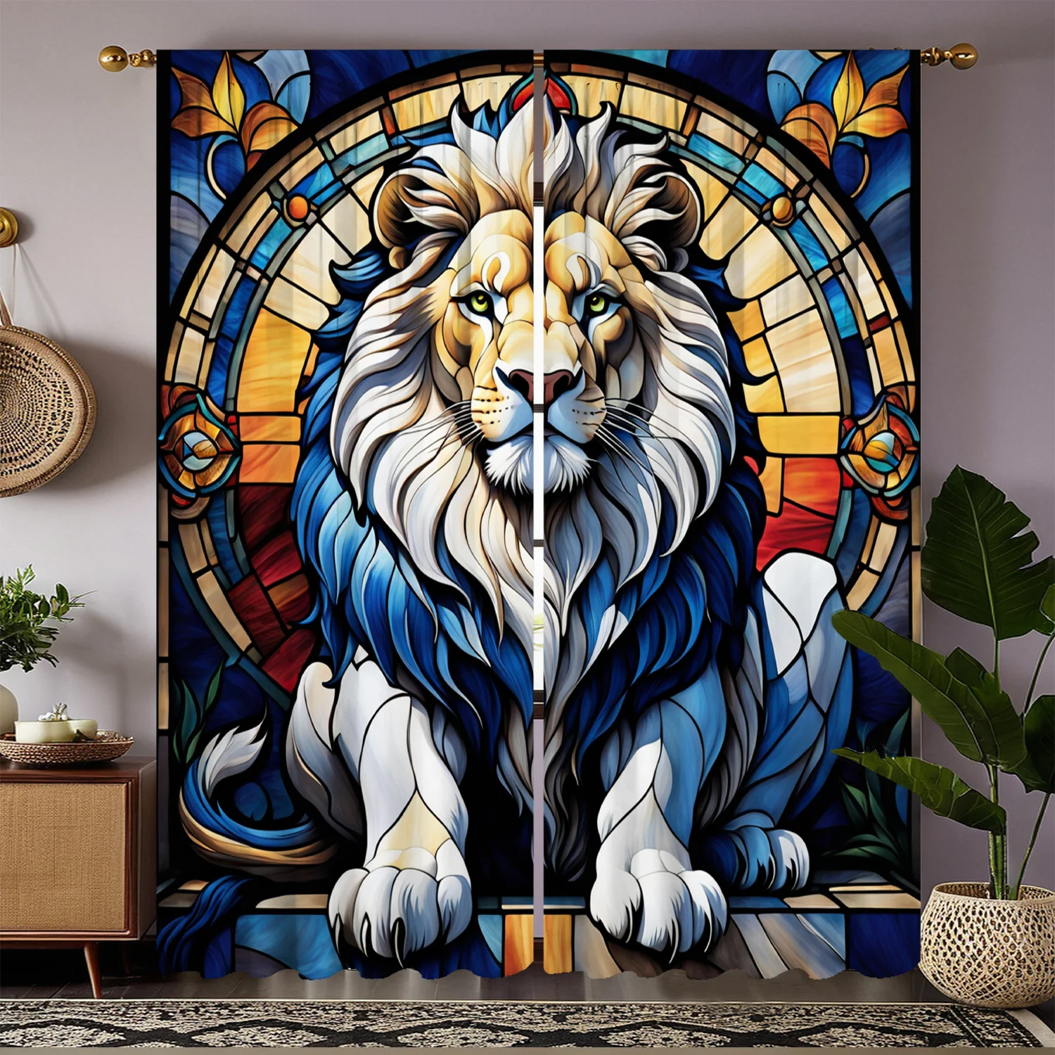 

2 Panels Glam Style Lion Print Semi-Sheer Curtains, Machine Washable Polyester Decorative Drapes with Rod Pocket for Living Room