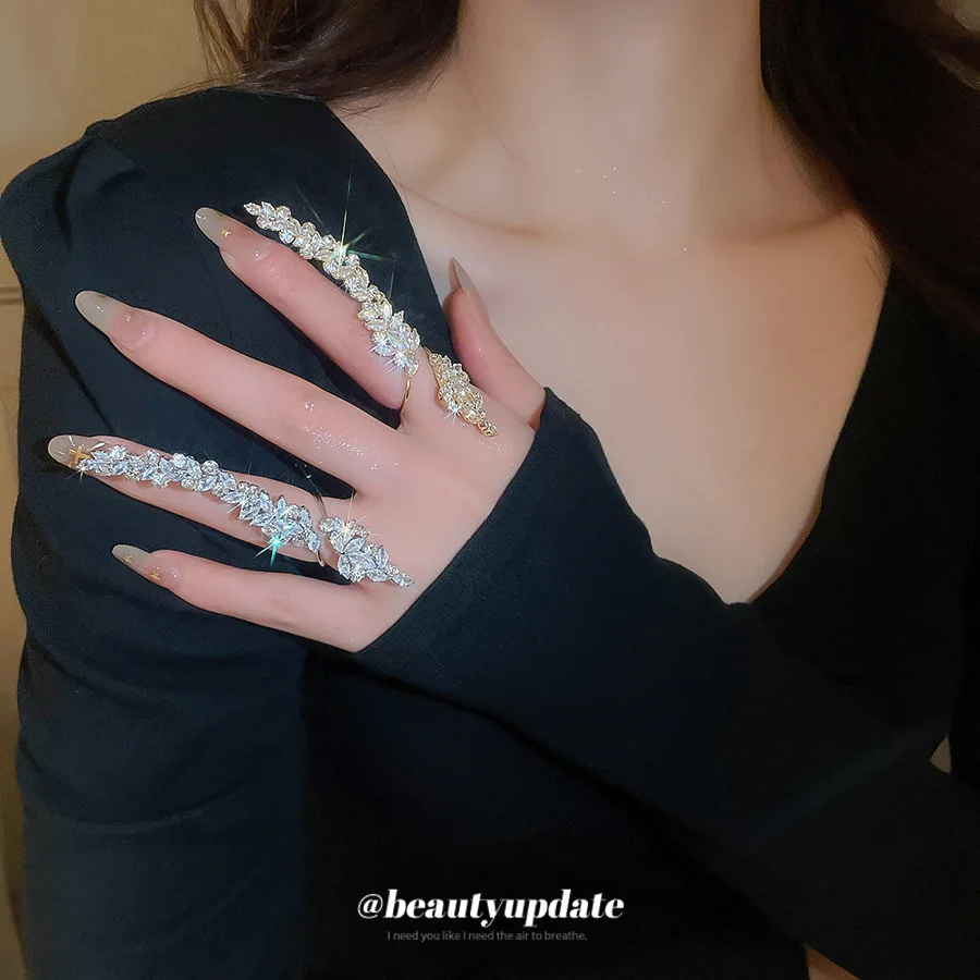

Geometric Leaf Zircon Open Ring Light Luxury Heavy Duty Exaggerated Index Finger Ring Fashion Wedding Evening Dress Jewelry Gift
