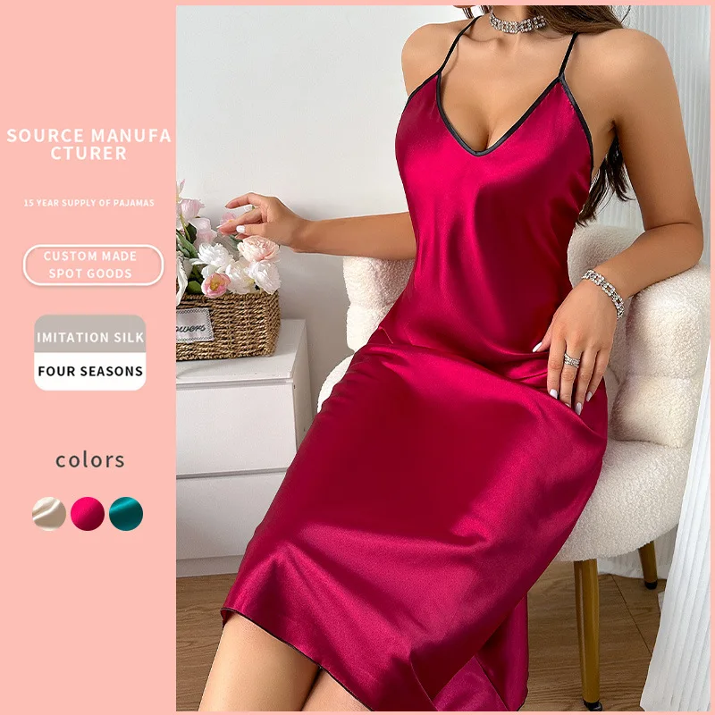 

DNLin Sleeveless Slip Nightdress Thin Faux Silk Loungewear European American Style Women’s Sexy Backless Camisole Dress