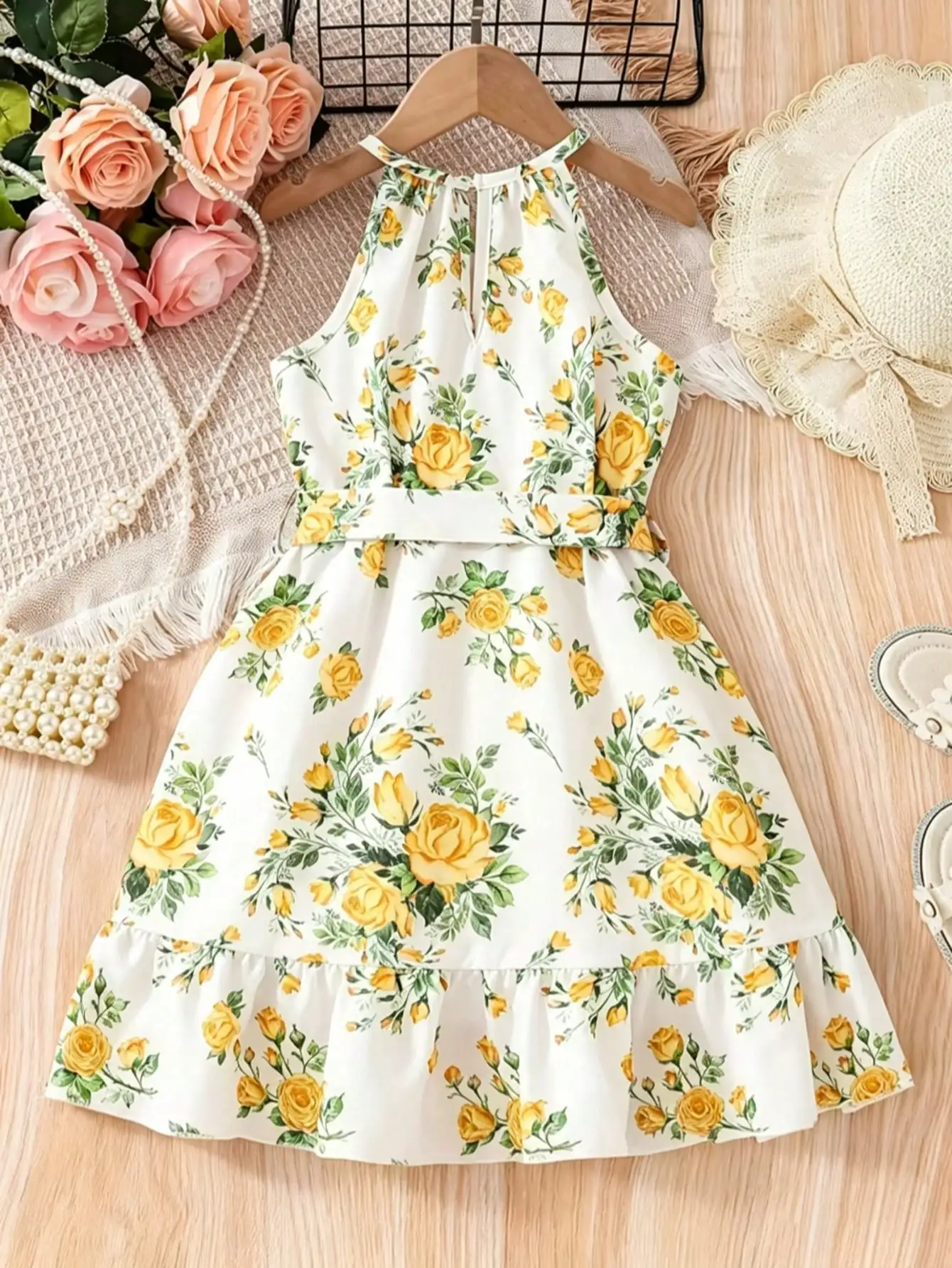 Mädchenkleid mit Blumenmuster, lässig, bequem, mit Rundhalsausschnitt, ärmellos, mit Taillenbund zum Binden, mittellanger Rock für Kinder. – Detail 5