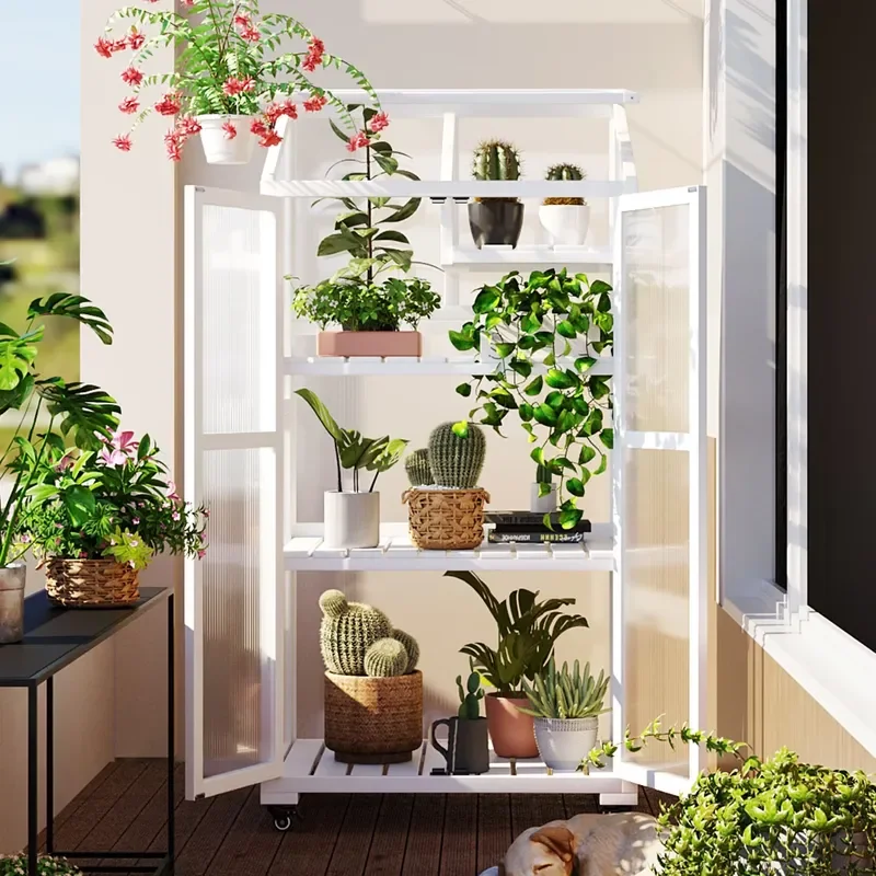 62-Inch Height Portable Cold Frame with Wheels Adjustable Shelves Large Greenhouse for Indoor Outdoor Use Wood Construction