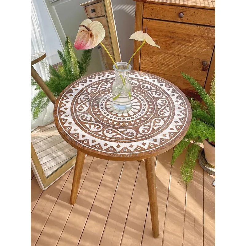 Retro solid wood carving flower small coffee table modern simple light luxury mini small table small apartment high-end artistic