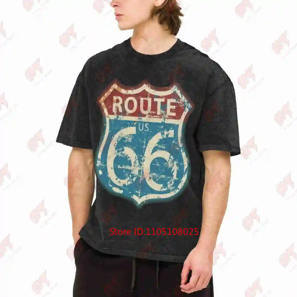 Vintage Route 66 Sign Print Distressed Vintage Washed Tee Pure Cotton T-Shirt