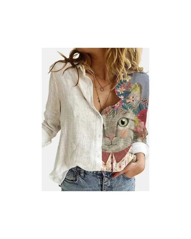 2024 Fashion Women\'s Loose Animal Cat Print Long sleeved Shirt  women shirt 8936 womens tops  women shirt  blouse