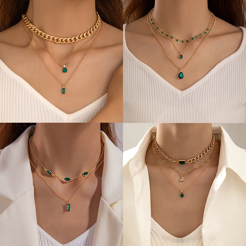 Tocona Luxury Charms Green Crystal Stone Layered Pendant Necklace for Women Geometric Alloy Metal Ajustable Jewelry Gift Collar