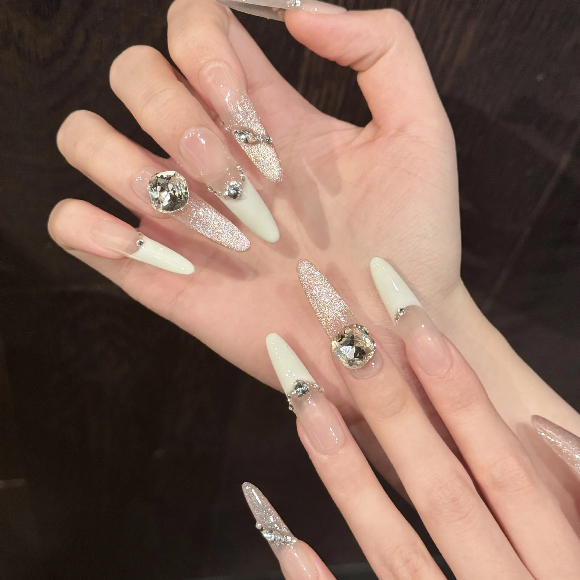 10 pièces à la main longue ovale presse sur ongles poudre brillante strass conception faux ongles portable couverture complète français faux ongles conseils
