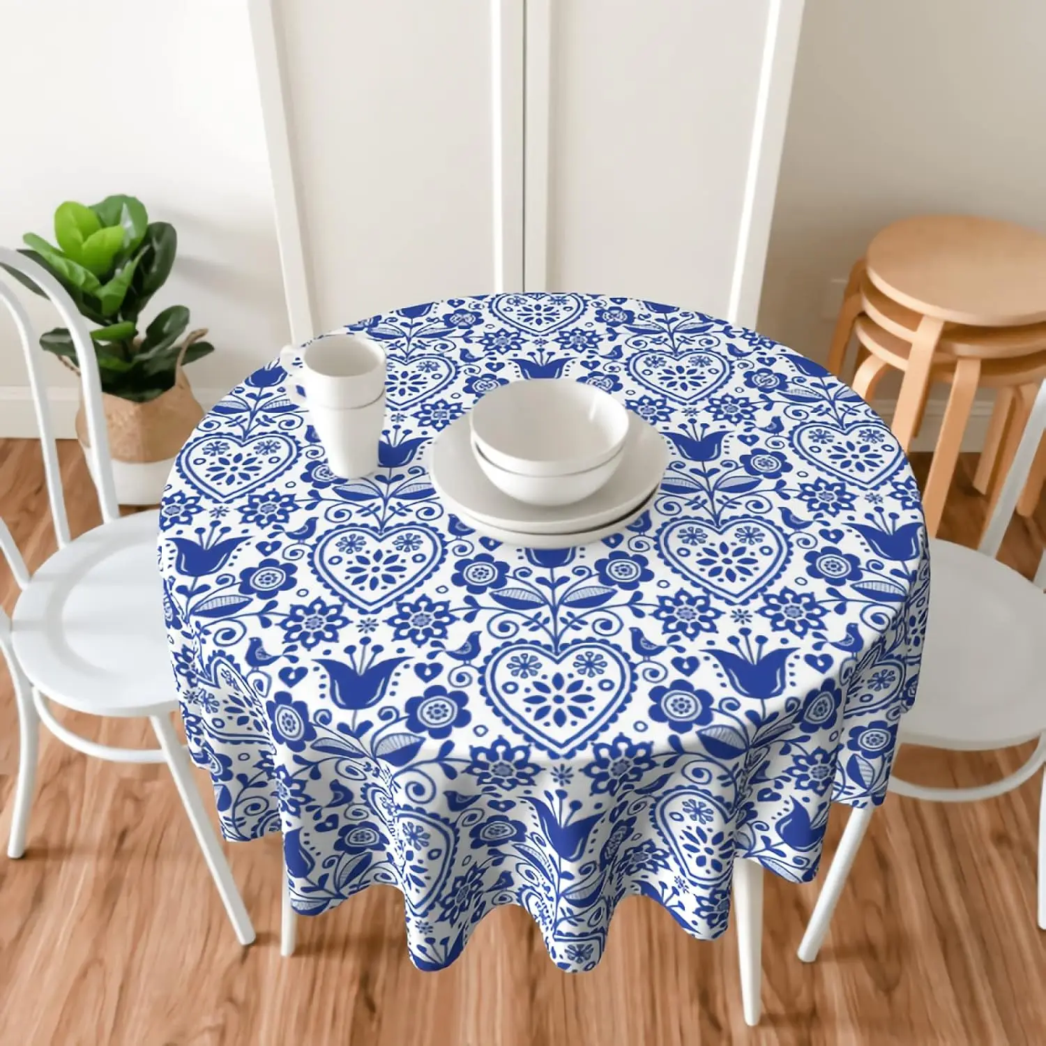 

Nordic Folk Art Abstract Retro Flowers Circle Tablecloth - Stain Resistant Oil Proof Dinner Kitchen Cover