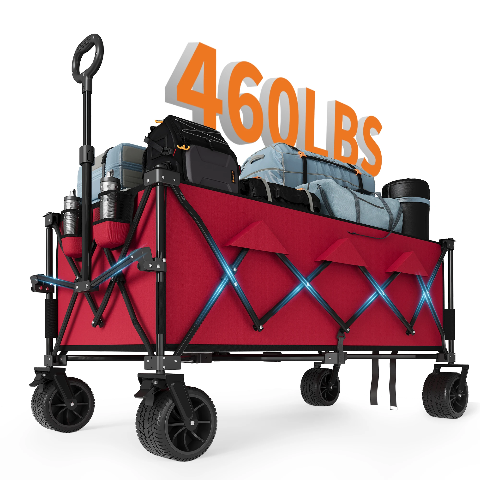 Folding Outdoor Cart, Collapsible Wagon Cart, Utility Cart with Wheels, Heavy Duty Folding Wagon Cart, Garden Cart Camping Trolley Cart, Beach Wagon Cart for Shopping Grocery Sports Picnic Travel, Red Portable Rolling Cart