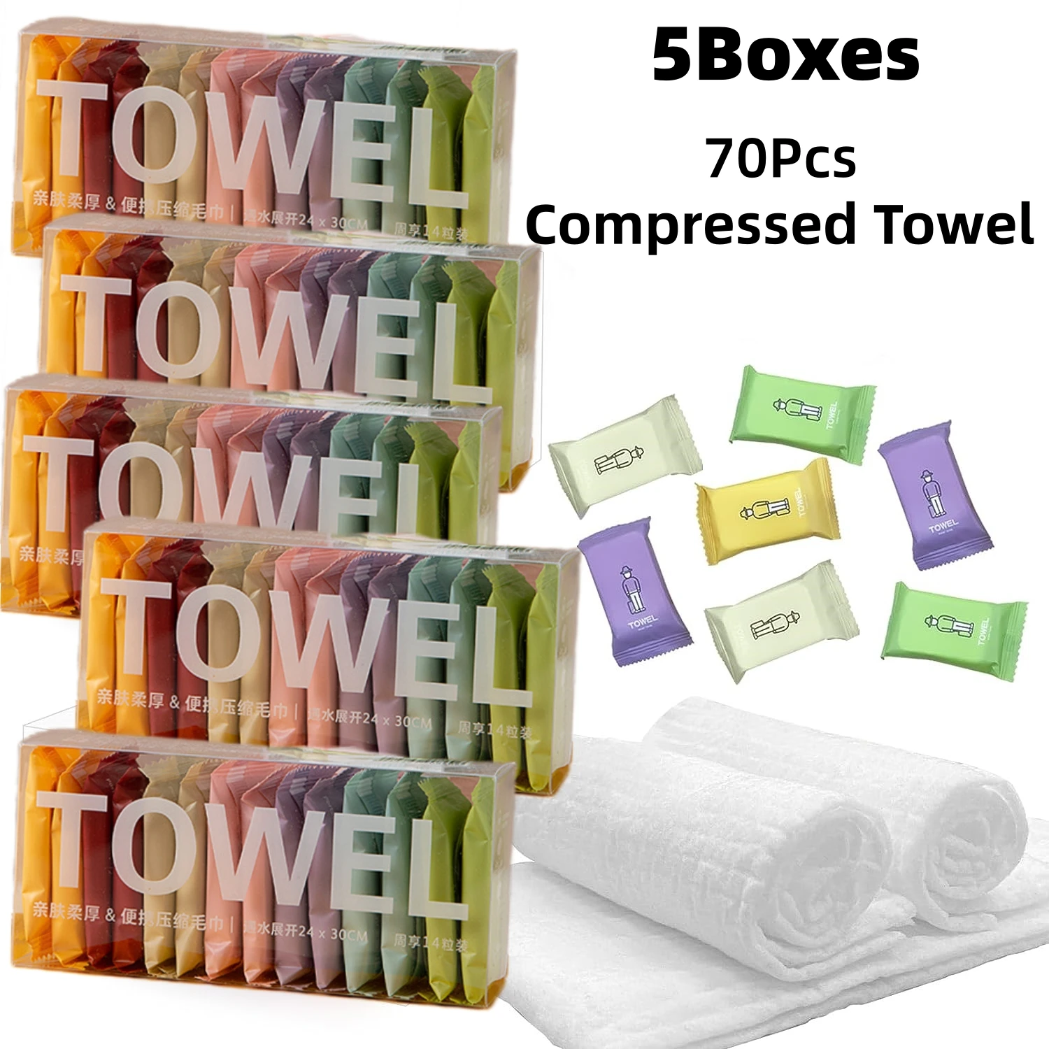 70Pcs Compressed Towel Travel Disposable Face Towel Cleaning Quick Drying Pure Cotton Non-Woven Fabric Wipe Makeup Towel 5Boxes