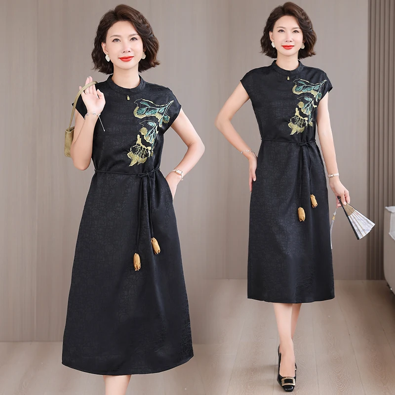 Summer Chinese Style Silk Jacquard Midi Sundress 2025 Women Boho Fashion Casual Embroidery Dress Elegant Luxury Festival Vestido