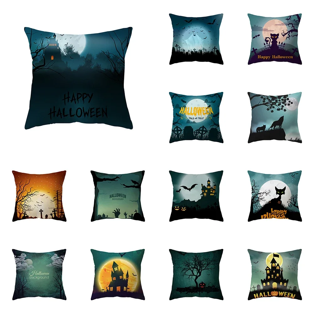 Scary Halloween Theme Pumpkin Bat Black Cat Print Pattern Cushion Cover Home Decor Sofa Throw Pillow