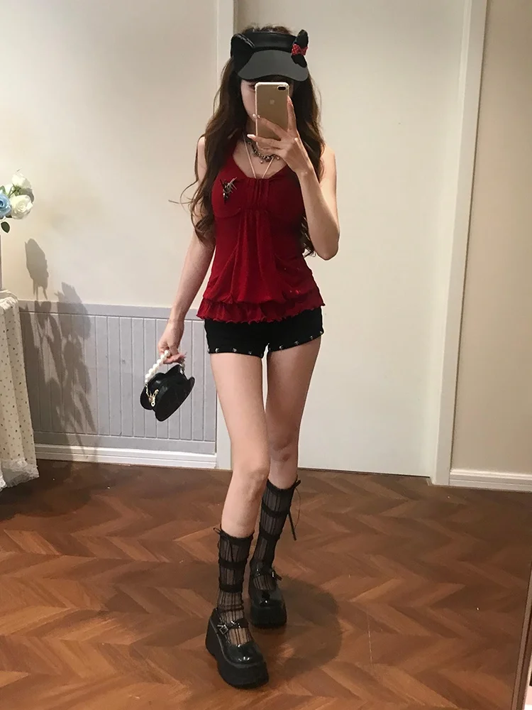 Red Hanging Neck T-shirt Women's Slim Fit Summer Hot Girl Bell Sleeve Top Fabric Pig Wine Wild Shadow Pure Desire Style