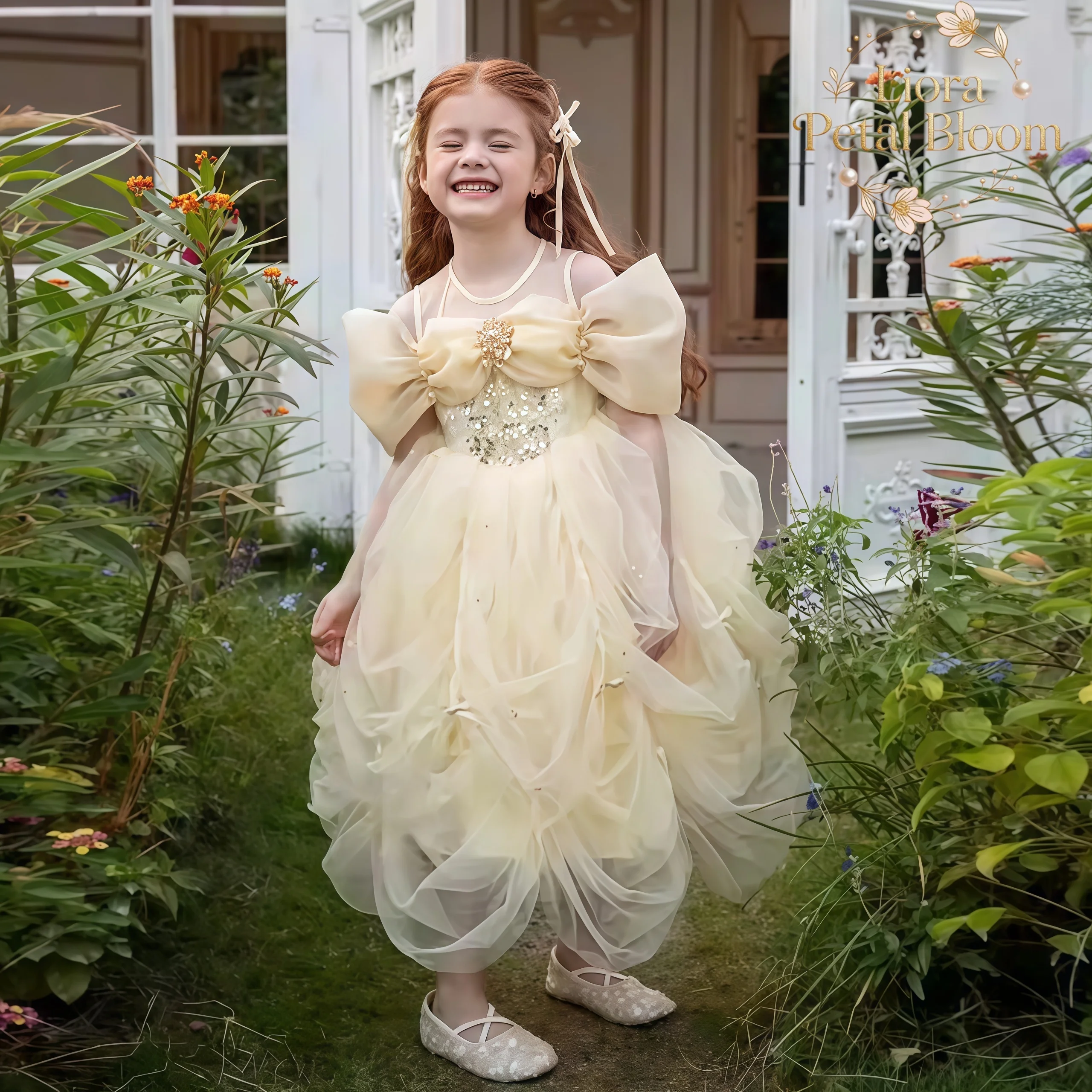 Girls' Yellow Princess Gown Girls' Off-the-Shoulder Dress Girls' Pearl-Embellished Party Dress Flower Girl Gown