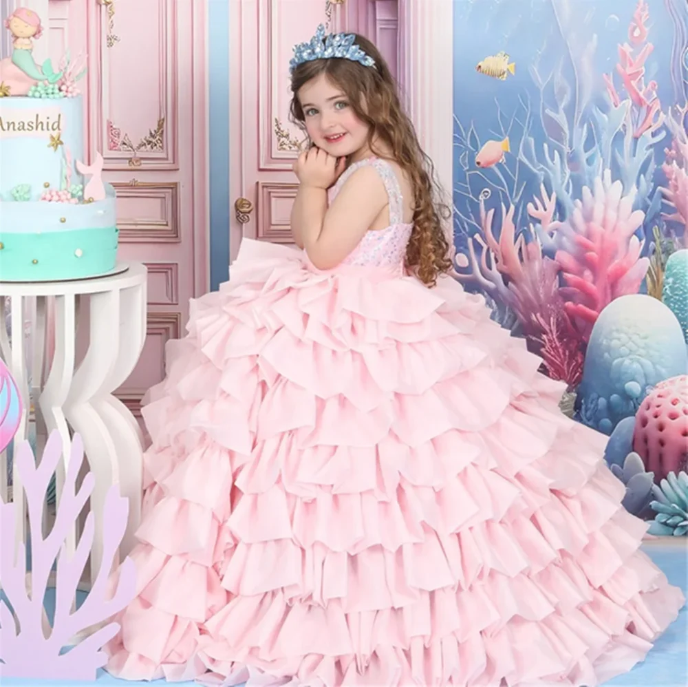 

Princess Beading Tulle Pleat Ball Gown Long Ball Flower Girl Dress Sleeveless Floor Length First Communion Dress Customized