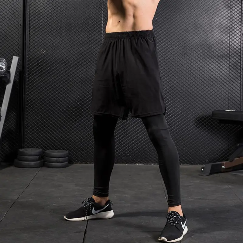 Men's Fitness Pants Fake Two Piece Casual Stretch Quick Dry Pants Black Gray Jogging Training Pants Shorts Leggings