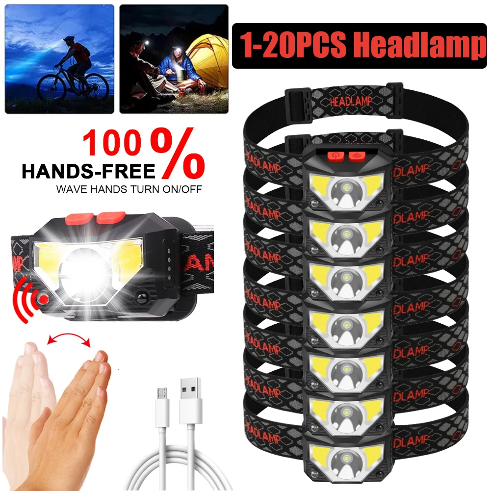 

1-20PCS 6 Modes Motion Sensor Headlight Powerful LED Headlamp Head Lamp COB Flashlight Torch Head light For Camping Fishing