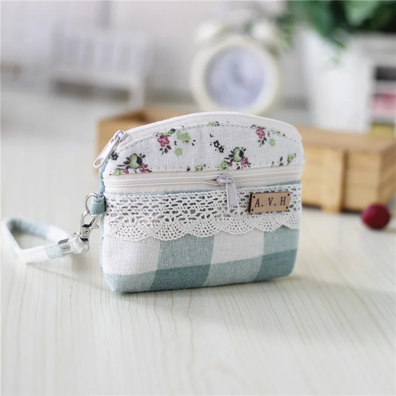 Cotton Fabric Women's Plaid Wallet Small Card Organizer Pouch Ladies Money Clutch Bag Lace Coin Purse 2024 for Children Girls