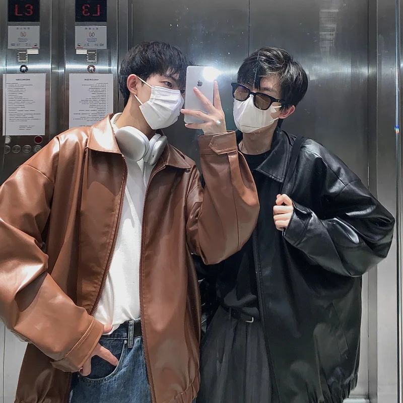 

Мужские свободные простые базовые коричневые, черные однотонные с отложным воротником на молнии, повседневные модные куртки из искусственной кожи, американские пальто, топы