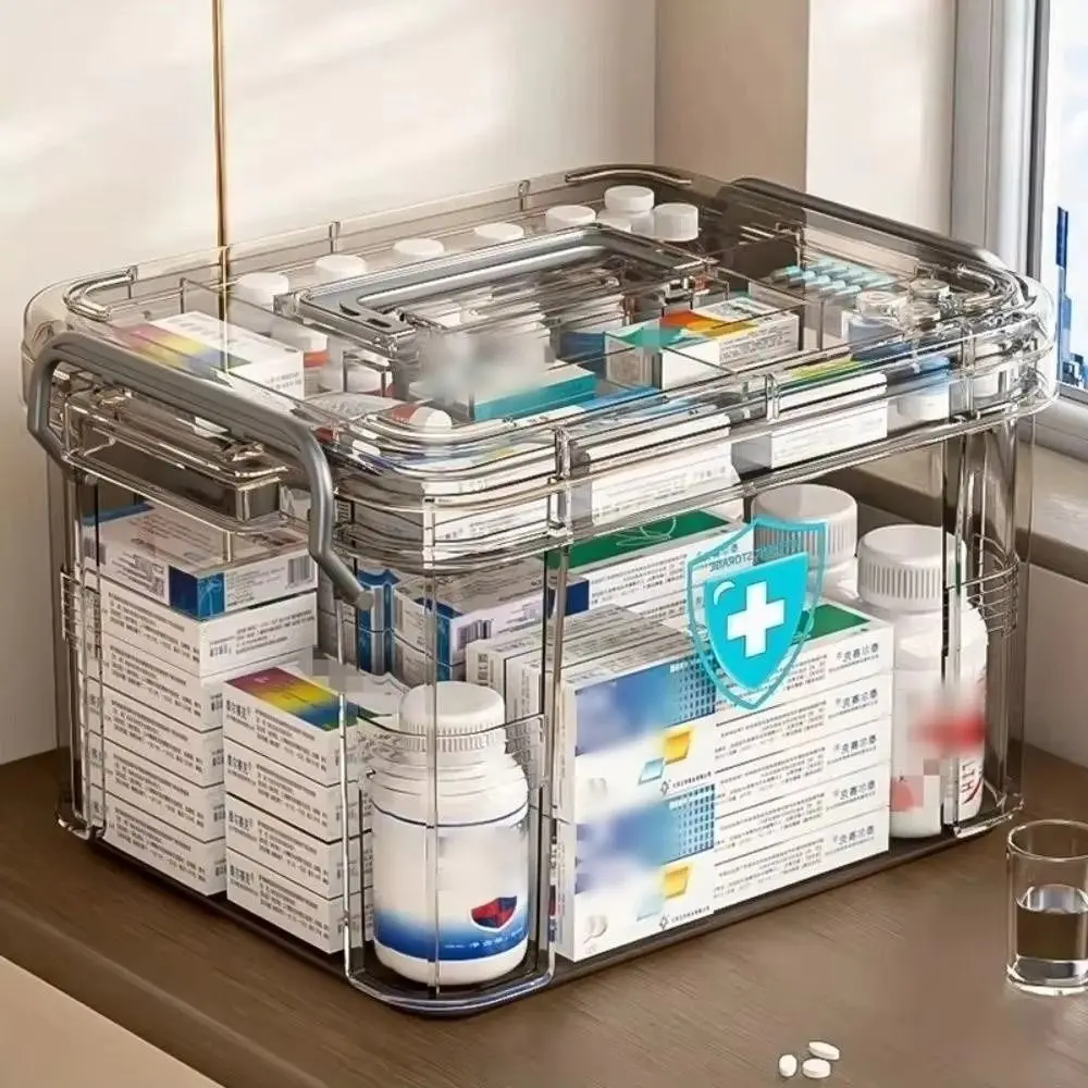 Portable Double Layers Medicine Storage Box with Handle Plastic Emergency Box Moisture-proof Compartment Medicine Box Household
