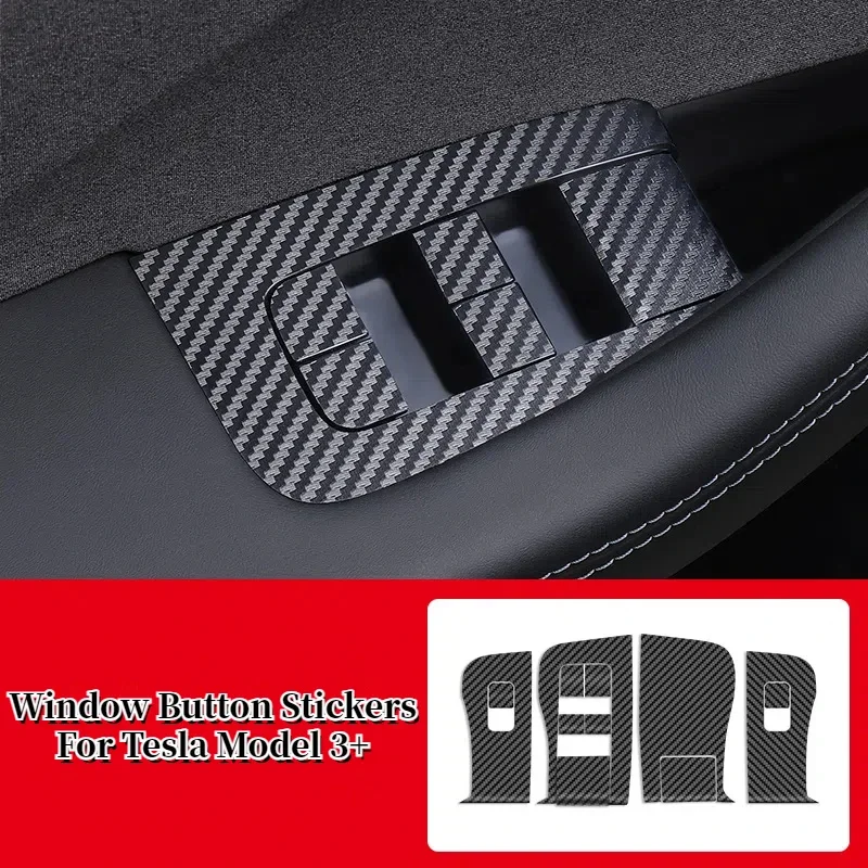 Window Button Stickers for Tesla New Model 3+ Highland 2024 Lifting Window Opening Panel Carbon Fibre Decoration Car Accessories