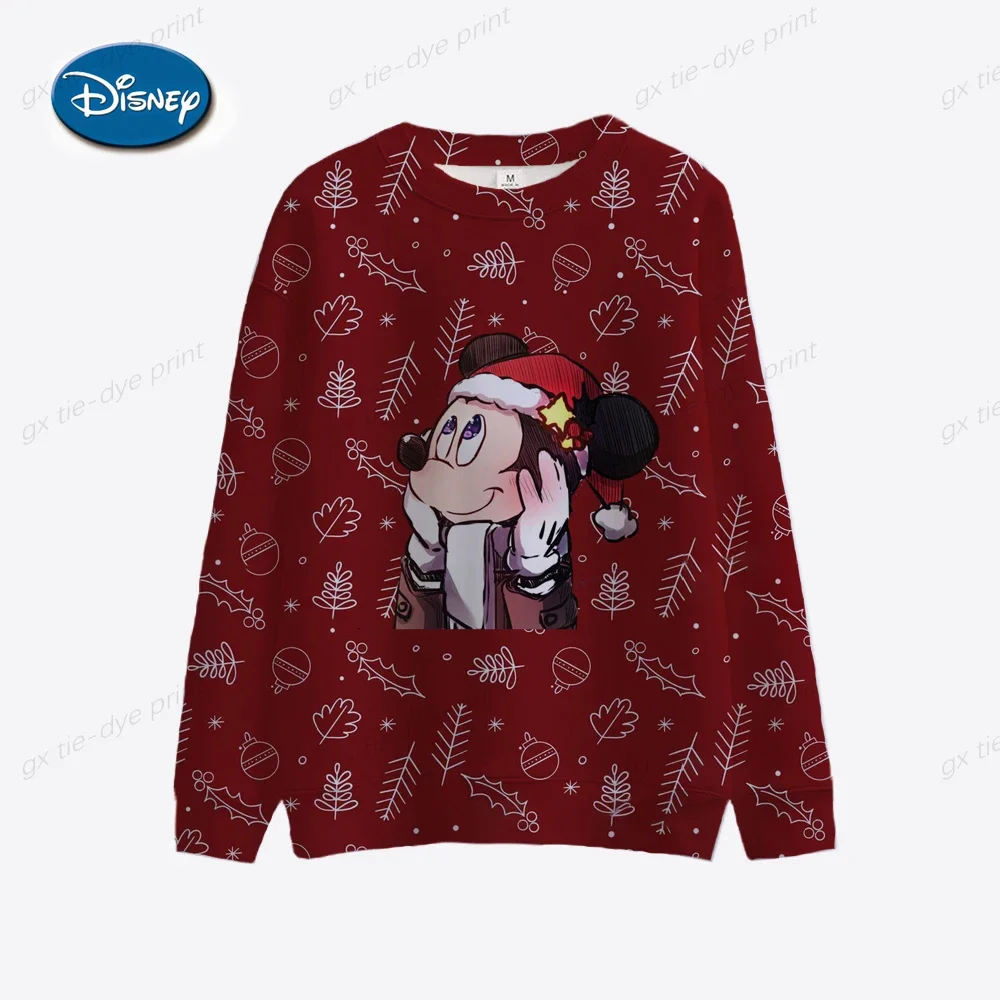 Disney 2024 Autumn New Fashion Casual Cartoon Mickey Mouse and Minnie Christmas Print Slim O Neck Long Sleeve Holiday Sweatshirt