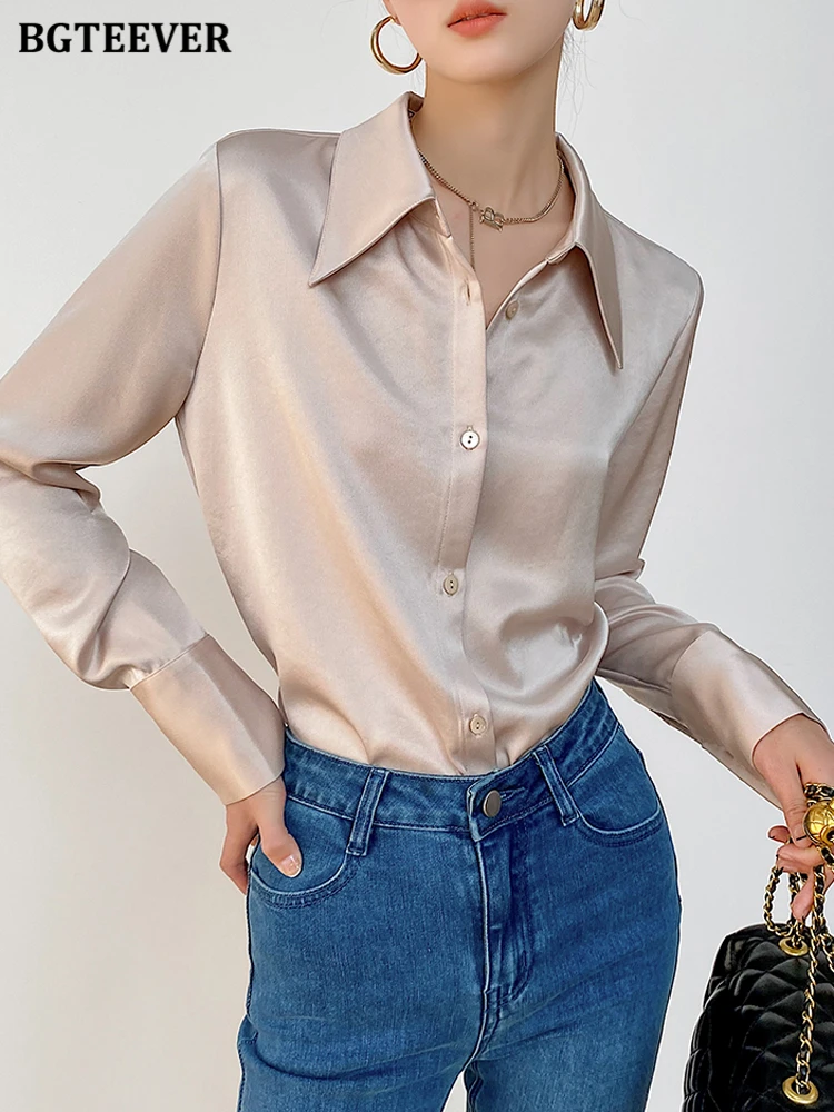 BGTEEVER Elegant Turn-down Collar Solid Blouses Women Casual Full Sleeve Loose Single-breasted Satin Shirts Female Tops