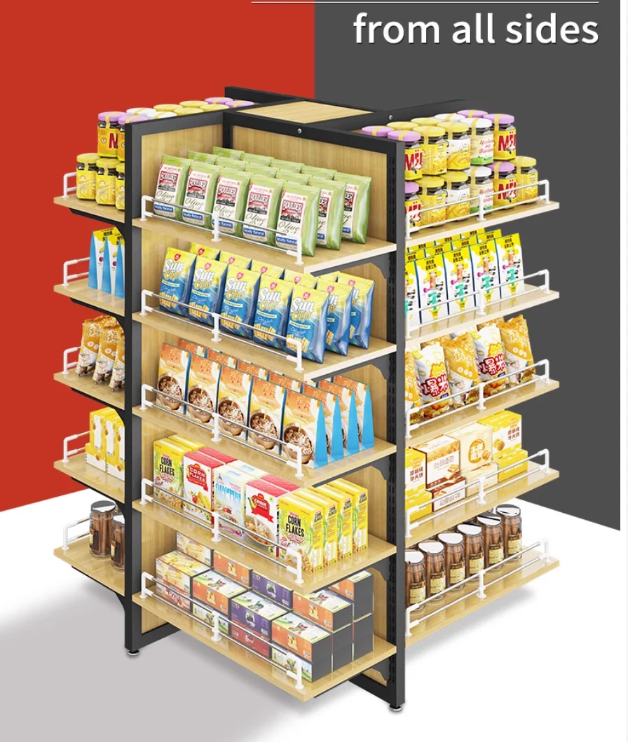 

Four-way four-way display rack multi-side movable middle island promotion rack cross stacking head