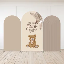 Bear Baby Shower Arch Backdrop We Can bearly Wait Party Arched Cover for Stand Brown Stripes Wedding Decoration Background