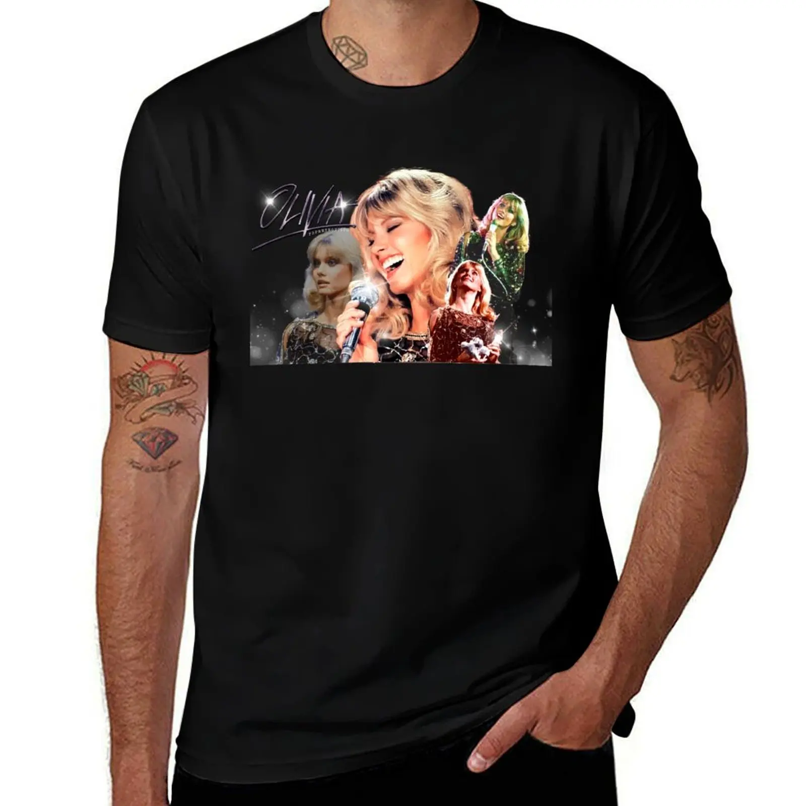 Olivia Newton-John - Totally Hot Tour Designed by PopRetroDisco T-Shirt Basic Solid Color Casual Tee Shirt