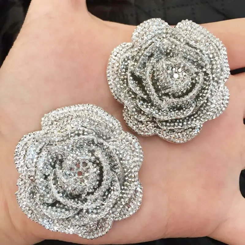 2PCS Resin Kawaii Bling Silver Big Rose Flatback Cabochon Rhinestone DIY Scrapbook Decor Home Crystal Miniature Pattern Craft