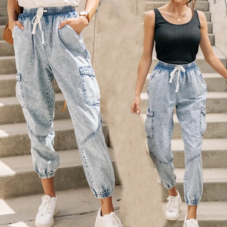 Women Jeans Bleached Lace-up Jeans Pants Ankle Length Elastic High Waist Fashion Sexy Summer Denim Pants