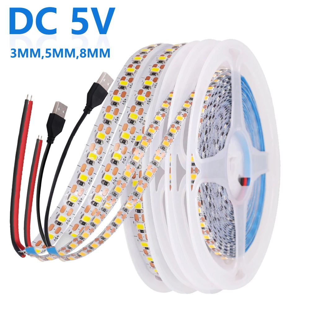 3MM 5MM 8MM 5V USB LED Strip High Brightness 2835 120LEDs/m Flexible LED Ribbon Rope Light For Kitchen Bedroon Wall Decor Lamp