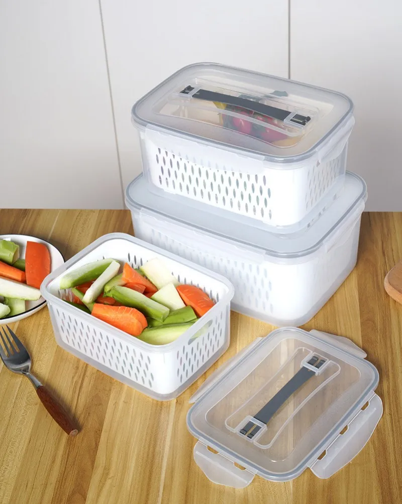 Fridge Organizer Refrigerator Storage Box Fresh Vegetable Fruit Boxes Drain Basket Storage Containers Pantry Kitchen Organizer