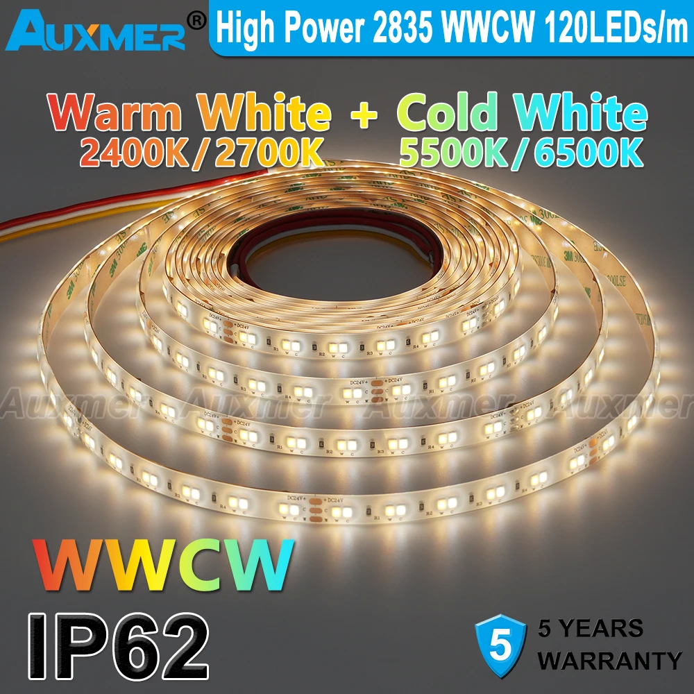 High Power 2835 CCT LED Strip Lights,120LEDs/m,CRI95/90,IP62 Waterproof WWCW Adjustable Led Light Tape Ribbon,12/24V Home Decor