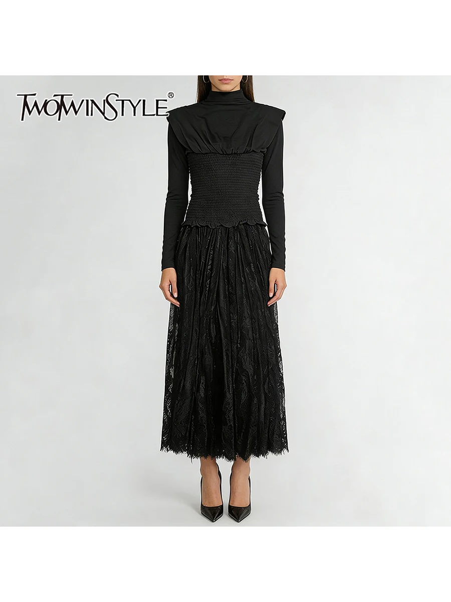 

TWOTWINSTYLE Утягивающие комплекты из двух предметов для женщин, футболка с воротником-стойкой и длинными рукавами, комплект с юбкой с высокой талией, женский новый