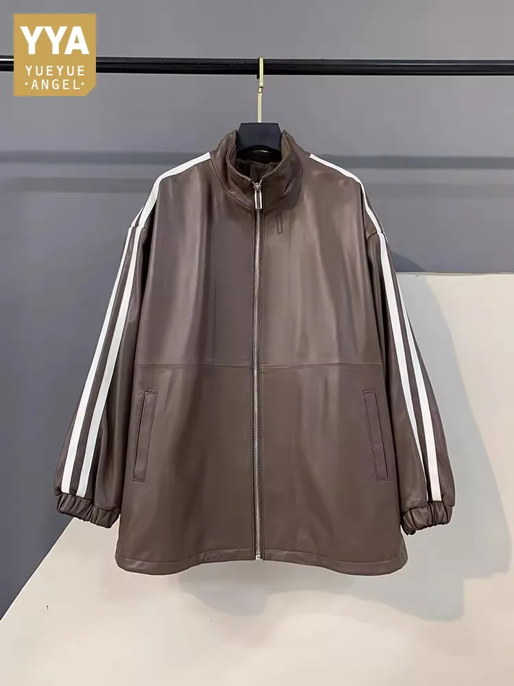 Autumn New Women Loose Fit Sheepskin Genuine Leather Jacket Side Striped Stand Collar Mid Long Coat Fashion Windbreaker Outwear