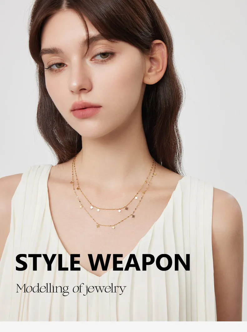 Edelstahl Doppelschichtige Goldfarben Starburst Anhänger Halskette für Frauen Nicht-verblassender Schmuck Schlüsselbeinkette Mode-Accessoire – Detail 3