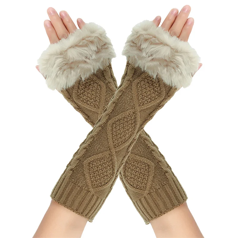 hirigin Women Fingerless Gloves Knitted Gloves Fur Patchwork Stretchy Soft Winter Warm Long Mittens Out Going Streetwear 2025