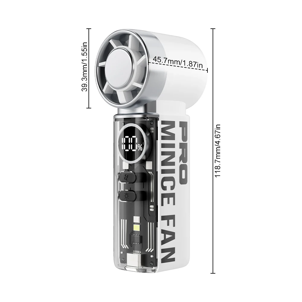 handheld high‑speed mini fan, transparent robot design, digital wind‑speed display, turbo powerful wind, usb rechargeable