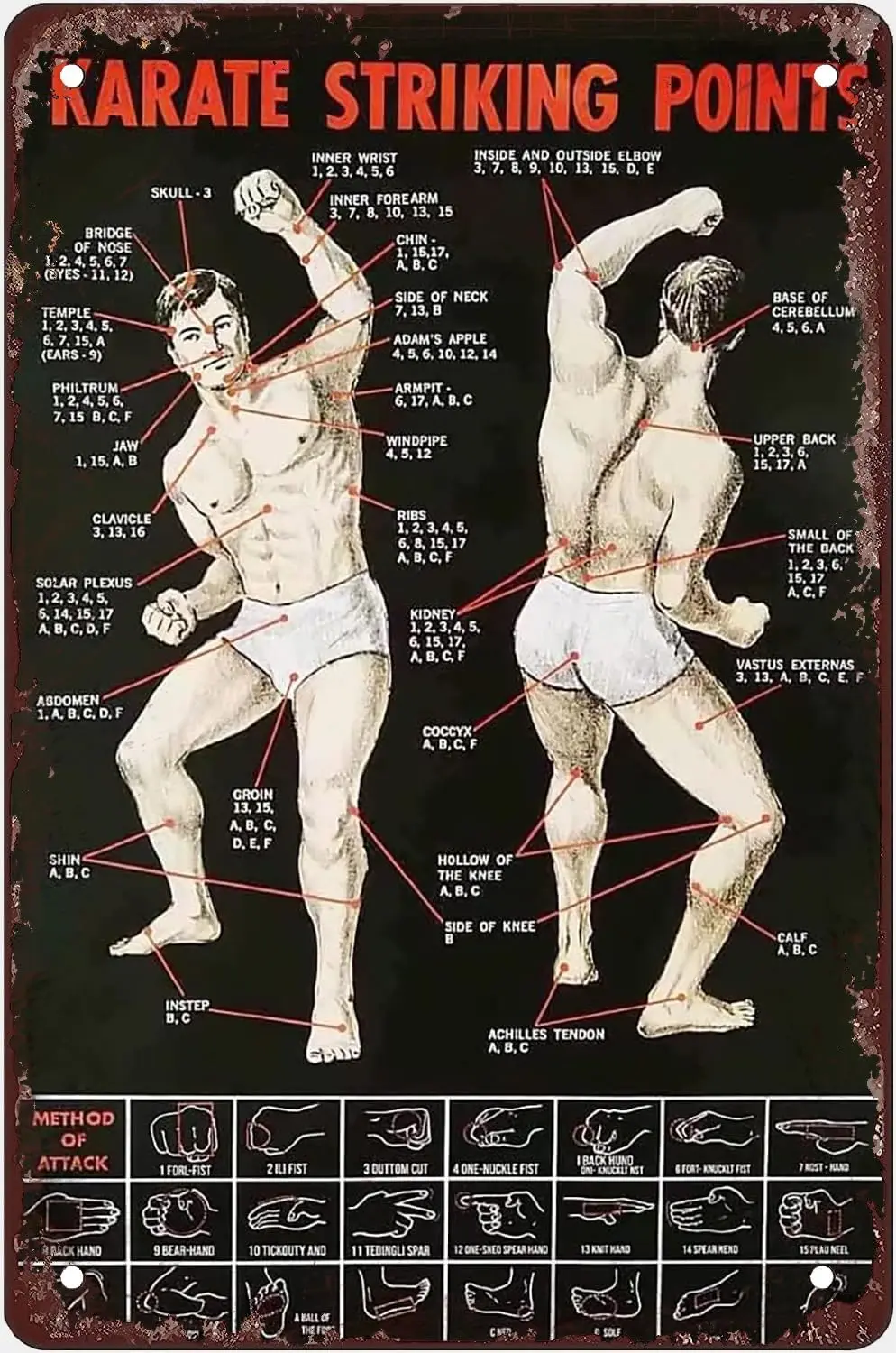 Karate Knowledge Metal Sign Karate Striking Points Infographic Posters Vintage Tin Sign Fof Home Venues Club Room Bar Wall  sign
