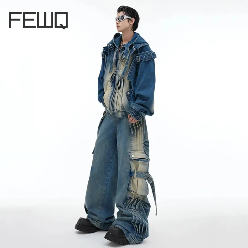 FEWQ Niche Pleating Vintage Design Denim Jacket Pocket Wide Leg Jeans 2024 Vintage Korea Fashion Streetwear Male Sets 24E2509