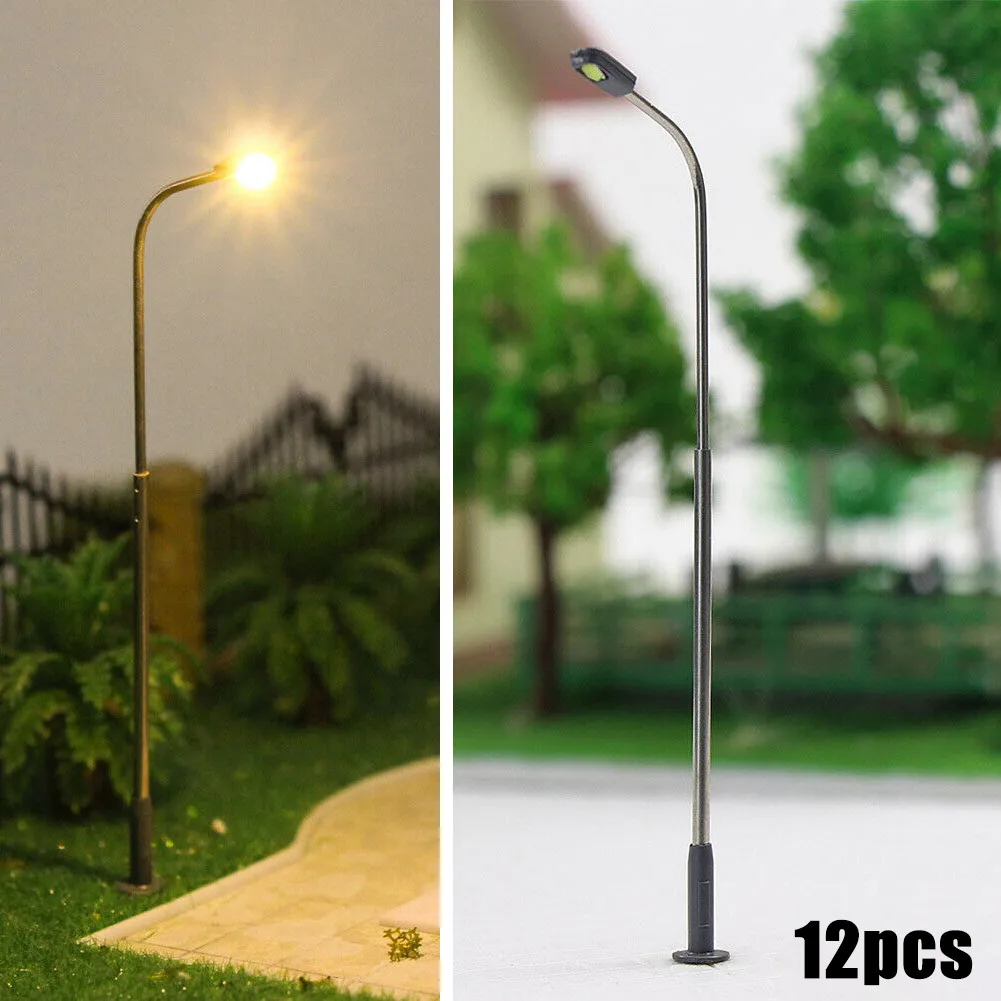 12pcs 1: 75 Scale Miniature Street Light Model 3V 20mA Warm White LED Street Lamp Lighting Single Head Train Layout Landscape