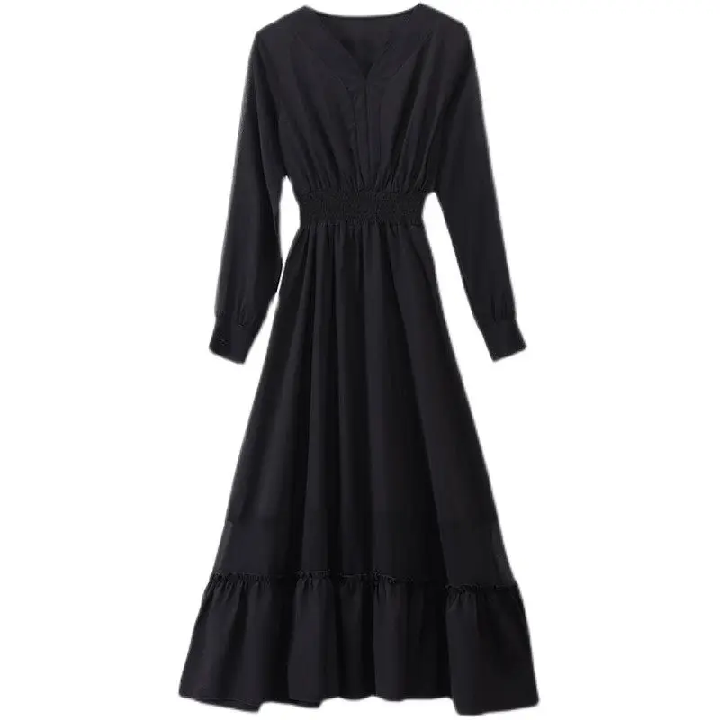 Vestido maxi feminino de chiffon primavera outono 2025 – vestido boho em camadas elegante com decote em V de manga comprida, tamanho grande flowy casual chique G522