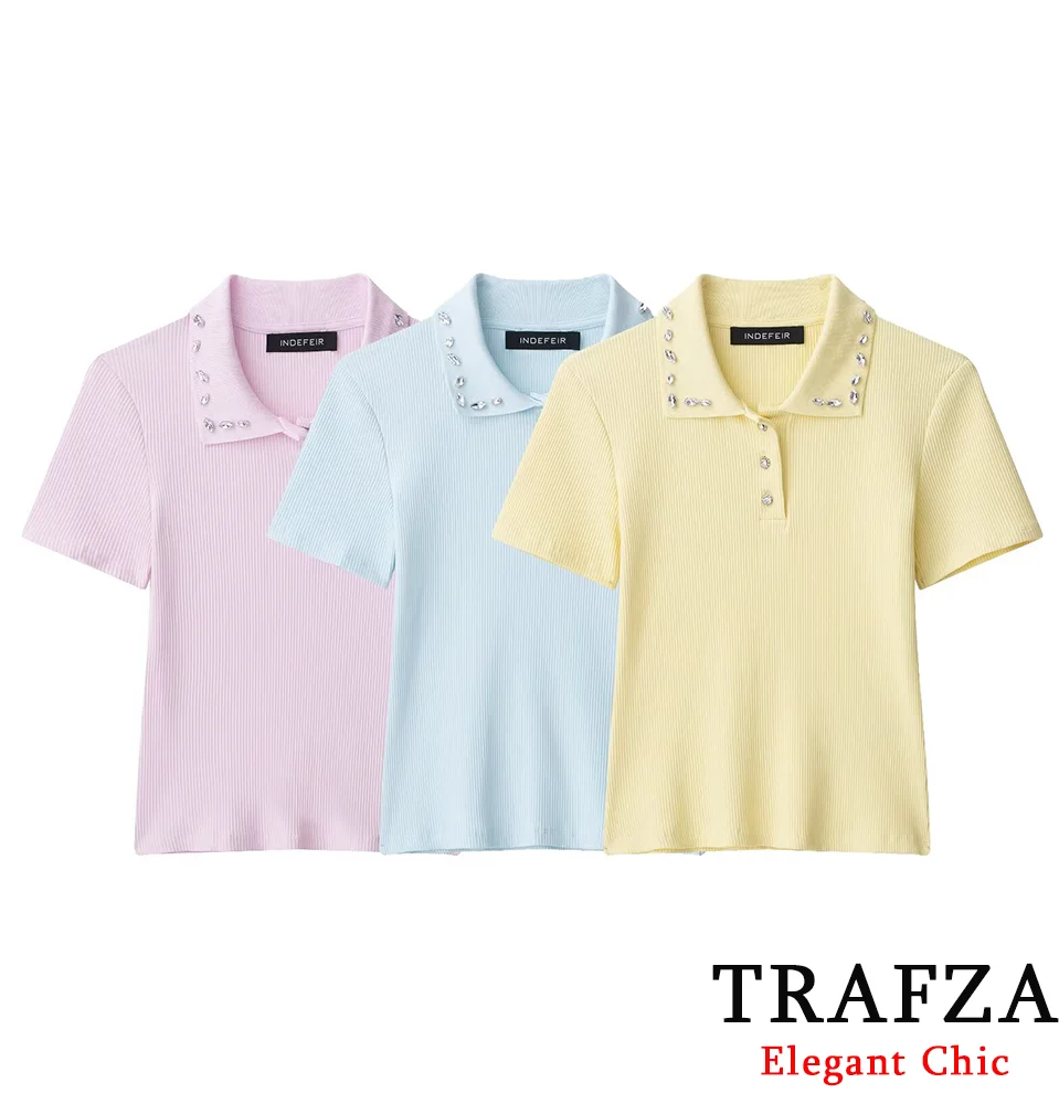 

TRAFZA Women Classic Glamorous POLO Shirt Jeweled Collar Button Shirt Tops New 2025 Spring/Summer Fashion Commuter Holiday Shirt