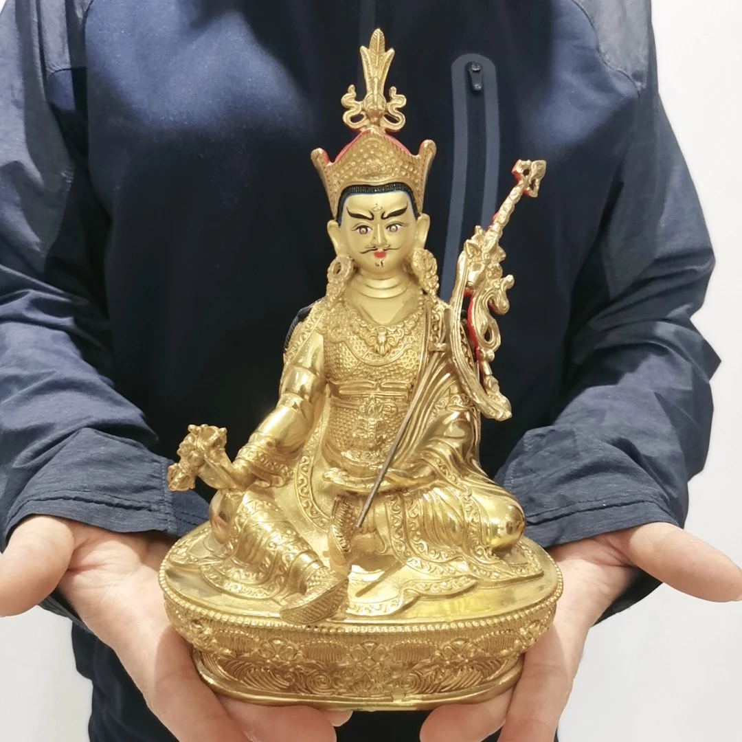 

21cm Wholesale Tibet Buddha statue copper gilding altar Worship Padmakara Guru Rinpoche Buddha statue Family protection safety