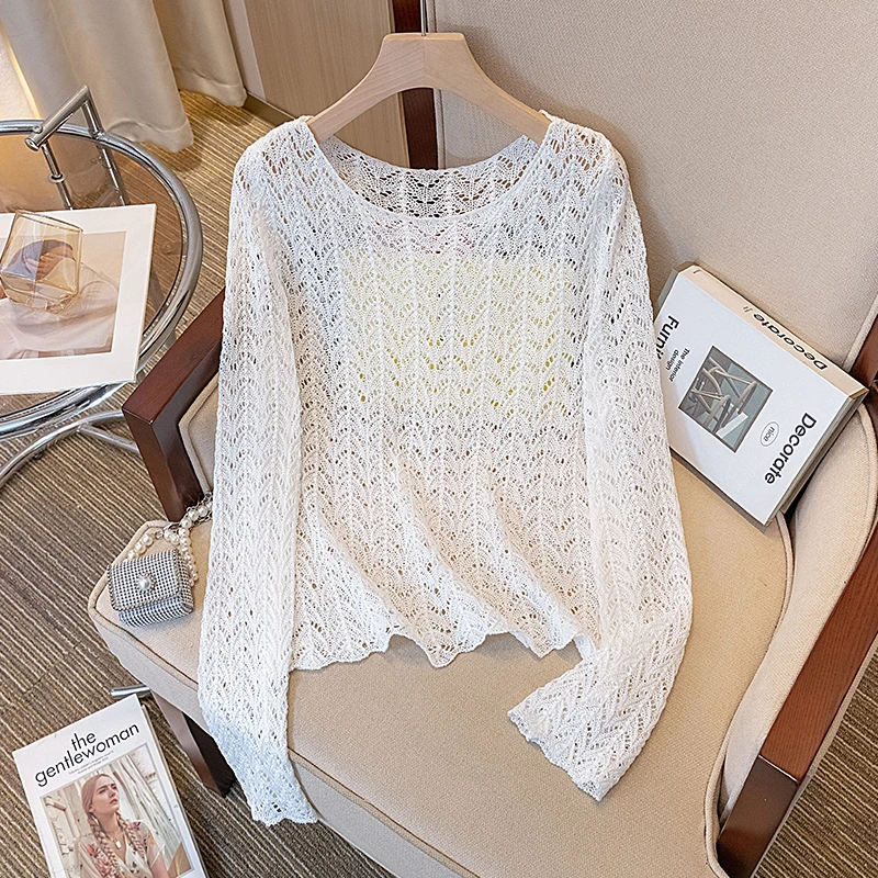 Pointelle Knit Sweater Sheer See-Through Long Sleeve Pullovers for Women Teengirl Spring Summer Boho Cover Up Beach Outfit