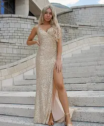 Women Sexy Sequined Evening Dress Long Spaghetti Strap V Neck High Slit Formal Evening Party Gowns Bodycon Wedding Guest Dresses